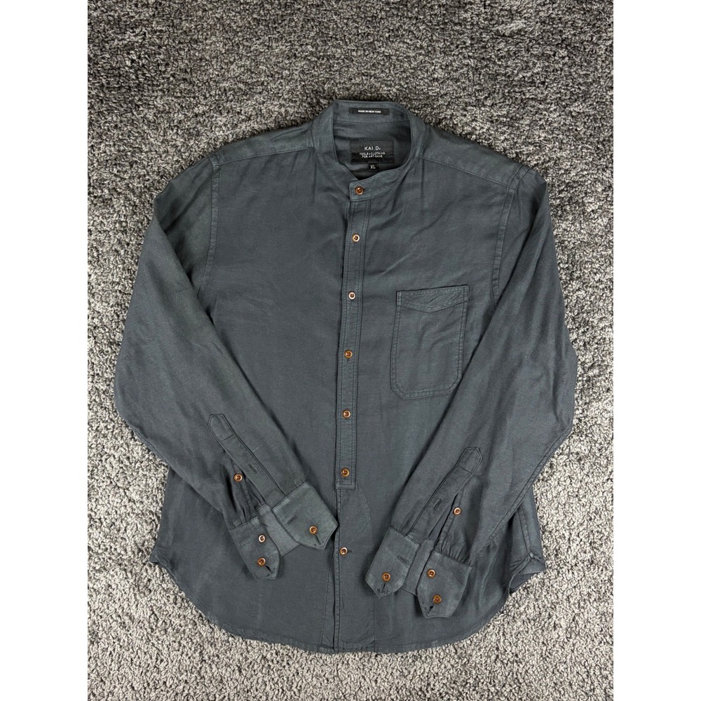Kai D. Mens Charcoal Gray Cotton Linen Wool Band Collar Button Down Shirt XL NY